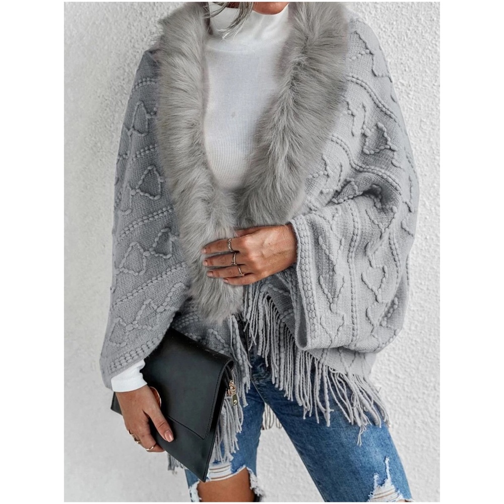 Cozy Vegan Fur Tassel Hem Open Front Cardigan - Picture 10 of 13